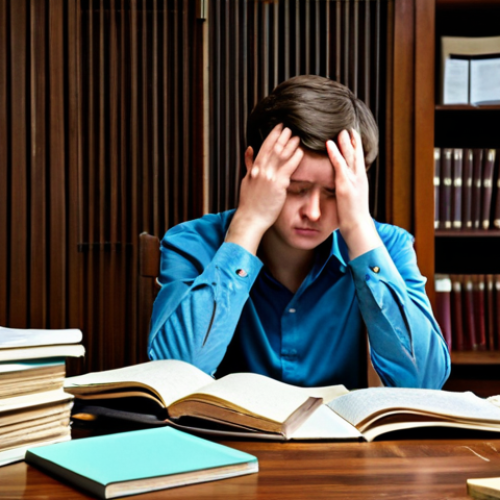 Home 24 A young professional person, fully clothed in modest, professional casual attire, sitting slumped at a heavily cluttered, traditional wooden desk. They appear overwhelmed and stressed, surrounded by many stacks of thick, open textbooks and disorganized paper notes. The room is dimly lit, emphasizing a feeling of struggle and inefficiency. The subject's pose is natural, conveying exhaustion from rote memorization. This image captures a passive, traditional learning style. Safe for work, appropriate content, perfect anatomy, correct proportions, natural pose, well-formed hands, proper finger count, natural body proportions, family-friendly.