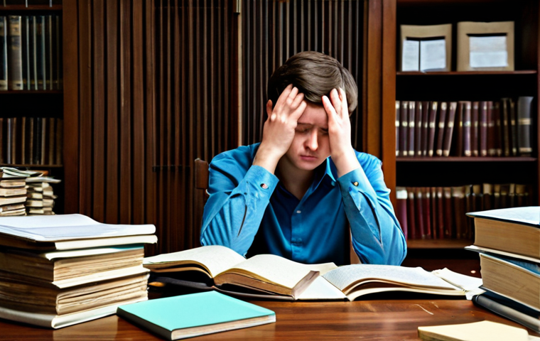 A young professional person, fully clothed in modest, professional casual attire, sitting slumped at a heavily cluttered, traditional wooden desk. They appear overwhelmed and stressed, surrounded by many stacks of thick, open textbooks and disorganized paper notes. The room is dimly lit, emphasizing a feeling of struggle and inefficiency. The subject's pose is natural, conveying exhaustion from rote memorization. This image captures a passive, traditional learning style. Safe for work, appropriate content, perfect anatomy, correct proportions, natural pose, well-formed hands, proper finger count, natural body proportions, family-friendly.