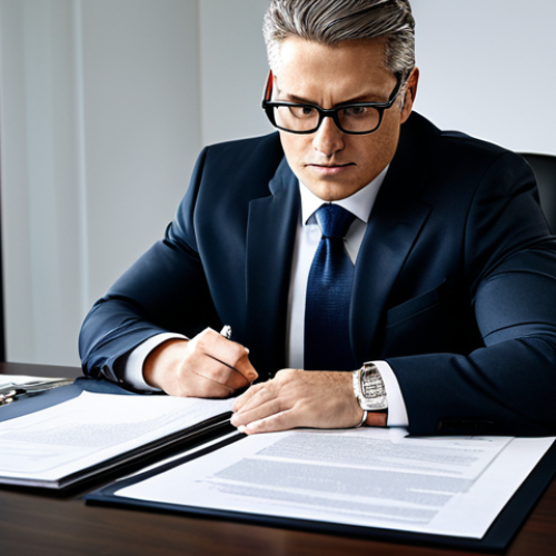 Home 22 Contract Review**
"A professional lawyer in a modern office setting, reviewing a business contract at a large desk, surrounded by legal documents. The lawyer is wearing a conservative business suit and glasses. The scene emphasizes attention to detail and legal expertise. Fully clothed, appropriate attire, safe for work, perfect anatomy, natural proportions, professional photography, high quality."
**