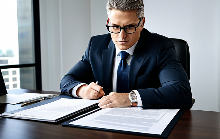 Contract Review**
"A professional lawyer in a modern office setting, reviewing a business contract at a large desk, surrounded by legal documents. The lawyer is wearing a conservative business suit and glasses. The scene emphasizes attention to detail and legal expertise. Fully clothed, appropriate attire, safe for work, perfect anatomy, natural proportions, professional photography, high quality."
**